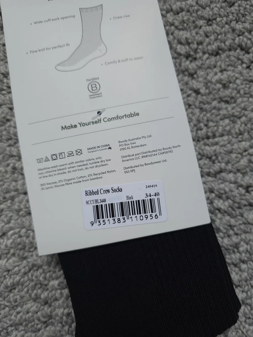Boody Unisex Ribbed Bamboo Crew Socks - Black, 34-40
